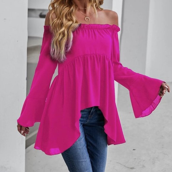 Contemporary Off-shoulder High Low Blouse PINK - Picture 2 of 7
